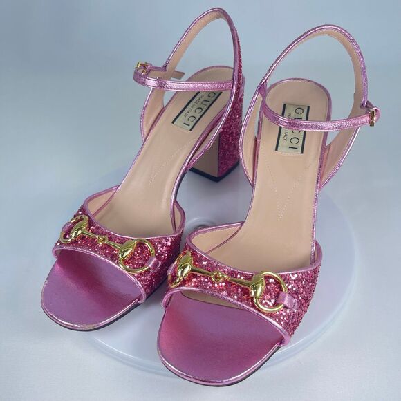 Gucci Horsebit Glittered Sandals - Pink | Women's 37.5 or US 7 - Picture 1 of 12
